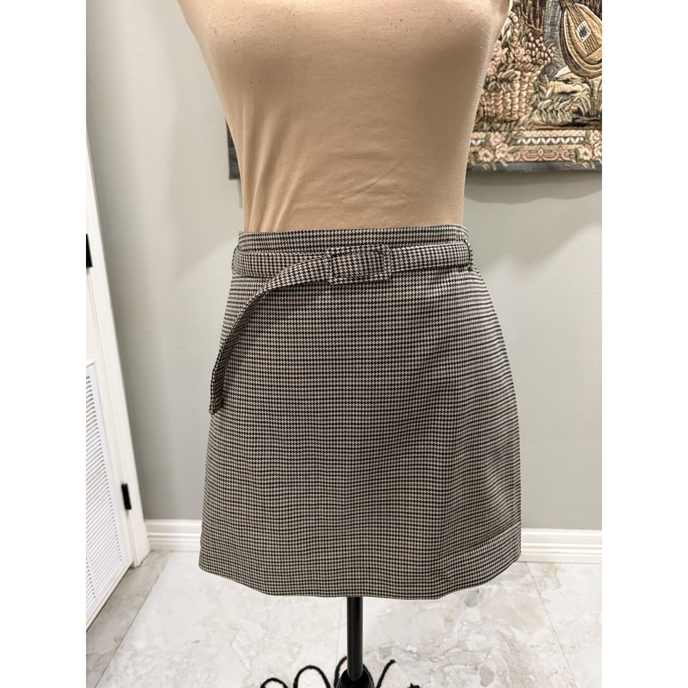 Mango Skirt NWT Womens Medium Brown Check Tweed Belted Mini Lined Stretch